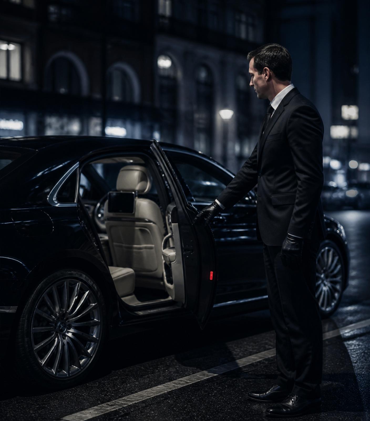 Chauffeur in a tailored suit opening the door of an executive sedan