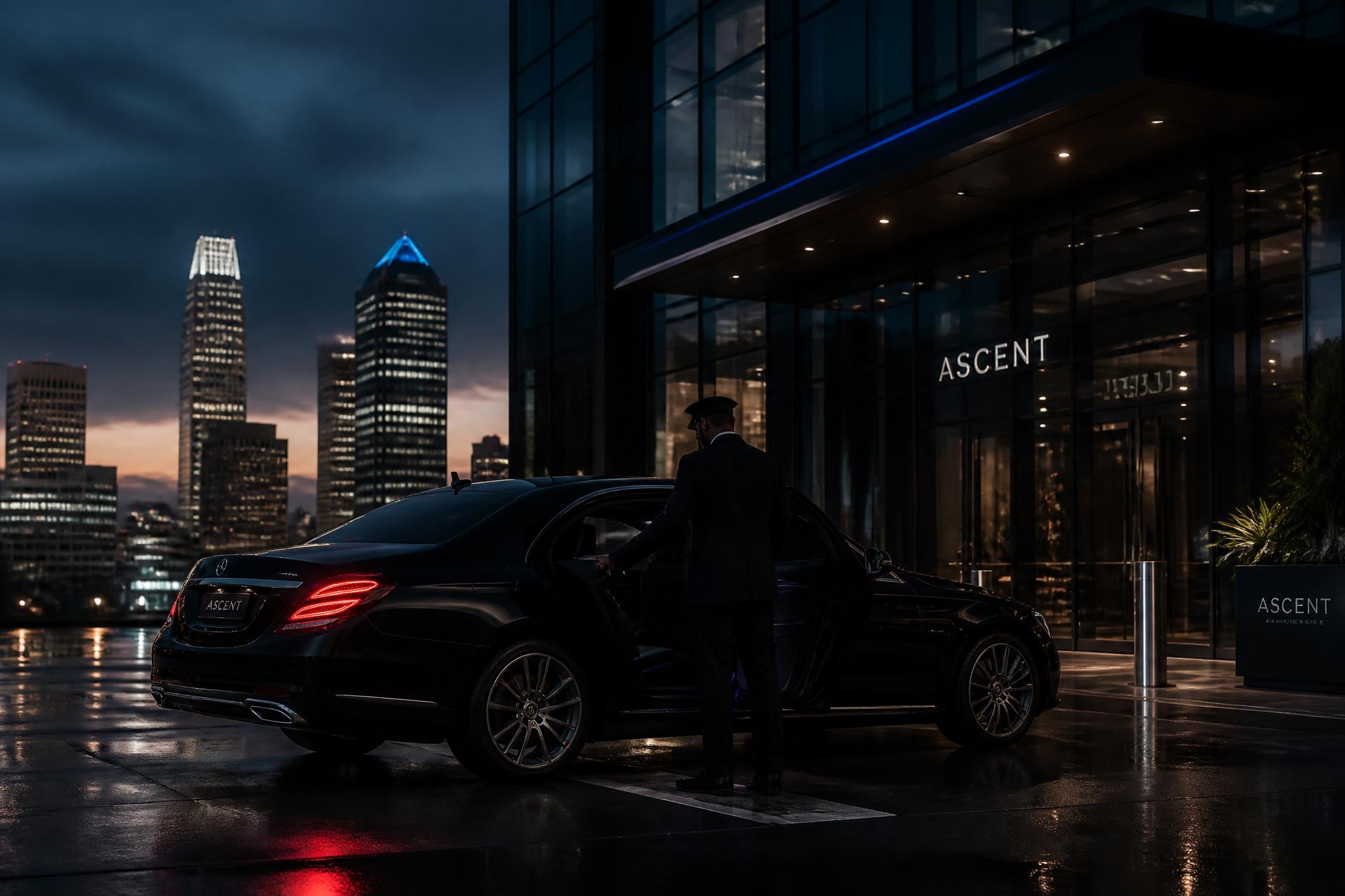 Chauffeur opening the rear door of a black executive sedan at dusk in Charlotte